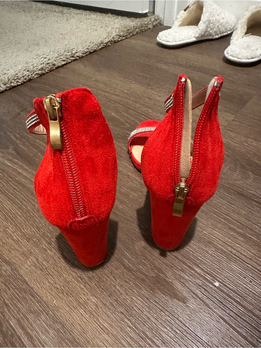 Red Rhinestone Ankle-Strap Block Heel Sandals - Picture 4 of 4